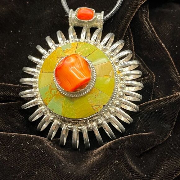 Runway statement Green Turquoise and Coral 925 pendant. - Picture 1 of 5